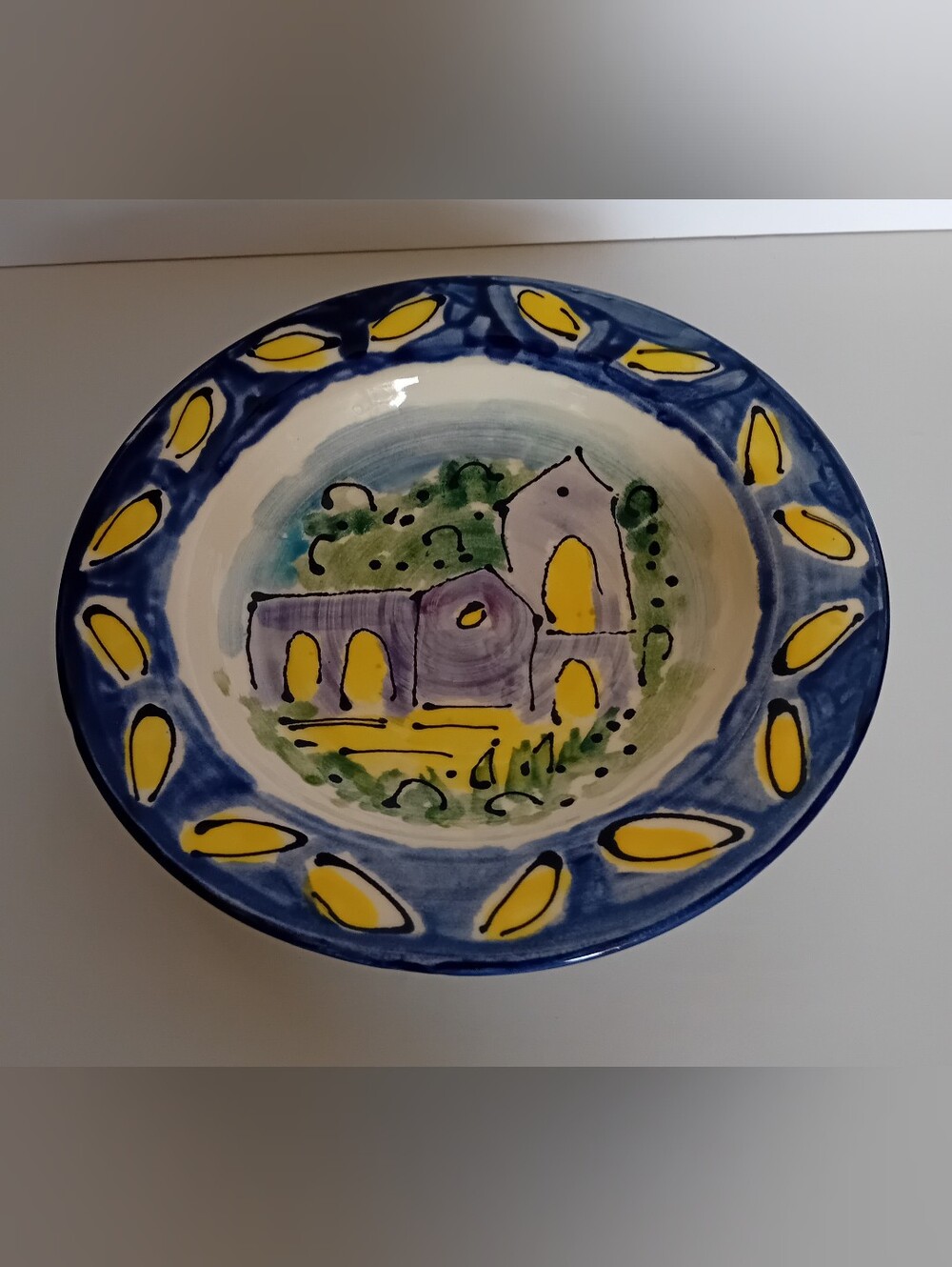 Hand-Painted Franz Blue and Yellow Ceramic Art Bowl
